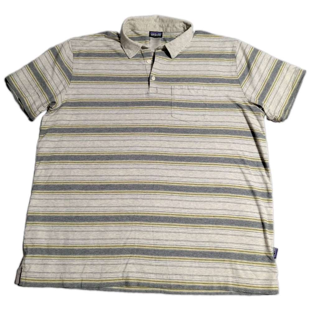 Patagonia Organic Cotton Polo Shirt Mens XL Gray Yellow Striped Short Sleeve